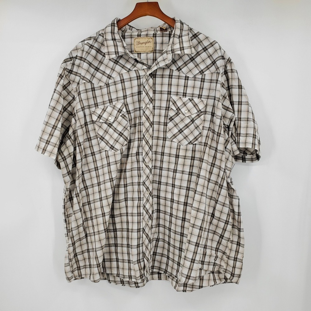 Wrangler Western Shirt Mens 4XL Plaid Pearl Snap Short Sleeve Tan Button Down